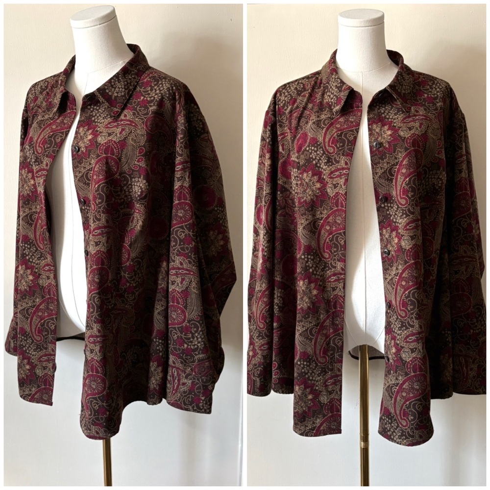 Vintage‎ 80s 90s Earth Tone Retro Boho Floral Paisley Relaxed Layering Button Up